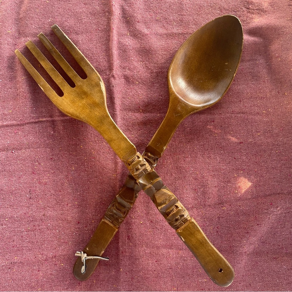 Napcoware | Vintage Hand-carved Giant Wooden Tiki Spoon & Fork Hanging Decor